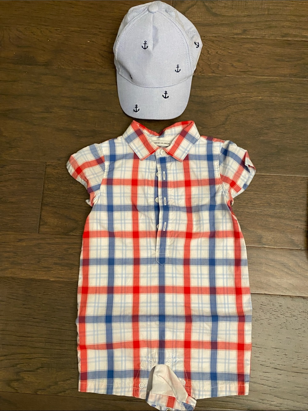 Janie and Jack Red, Blue & White Plaid Button-Down One-Piece with hat